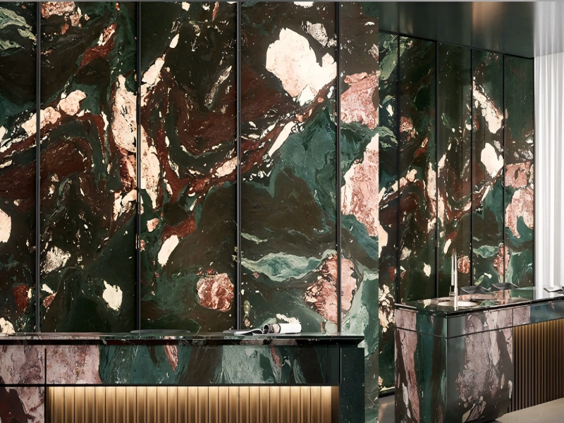Four Seasons Marble luxury feature wall with artistic green and burgundy marble slabs
