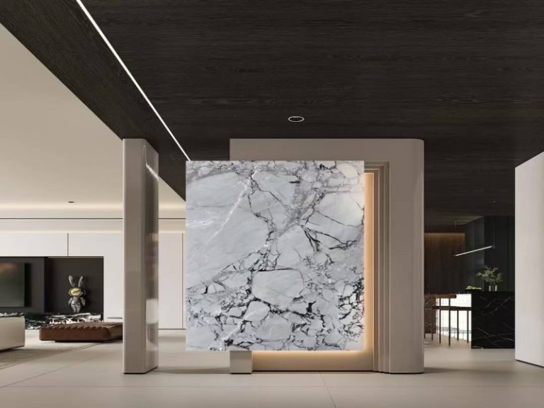 Vaticano Viola Quartzite feature wall with luxury grey white breccia stone texture