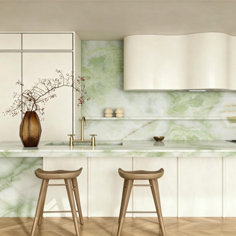 Green Onyx kitchen backsplash and wall cladding with natural green veining