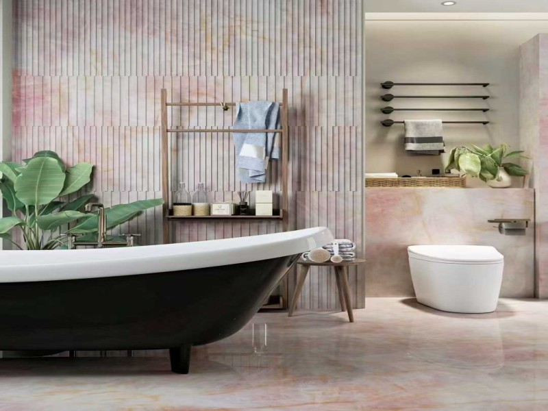 Luxury pink quartzite bathroom interior with soft natural stone texture