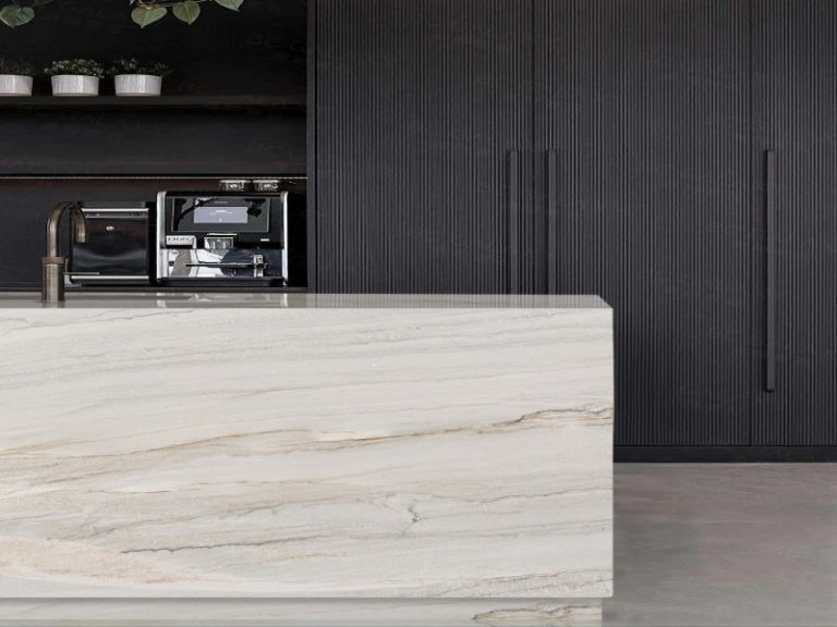 White Macaubas Quartzite waterfall kitchen island