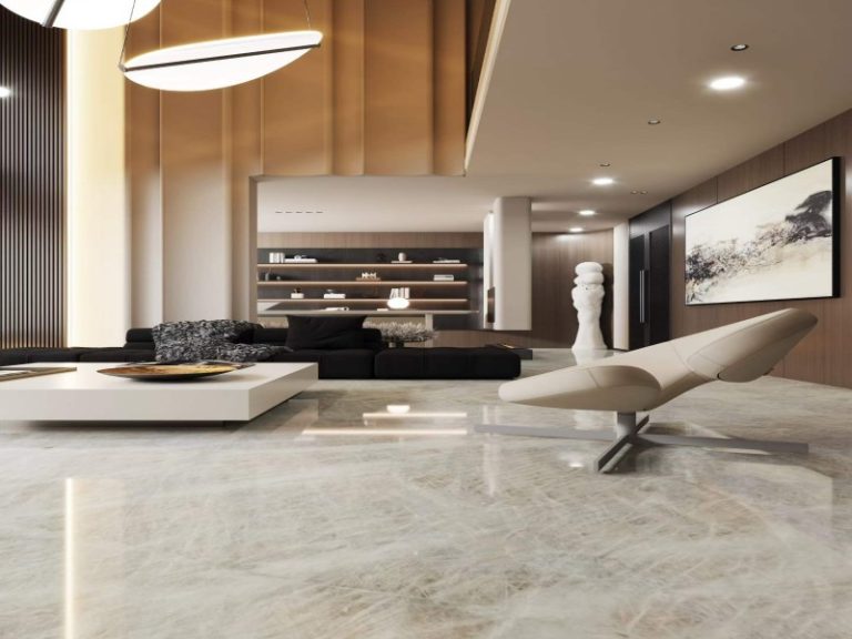 Cristallo Quartzite flooring and wall design in modern luxury living room interior