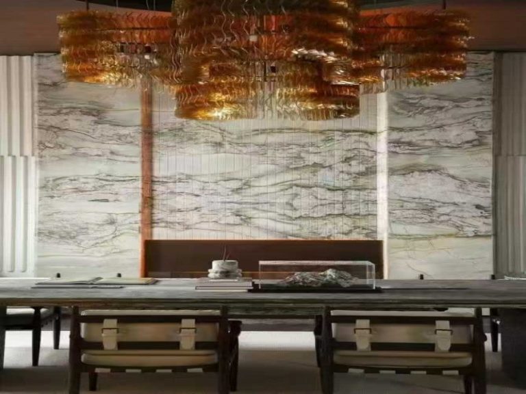 Backlit Botanic Crystal Quartzite wall in luxury dining interior with translucent stone and glowing feature wall design