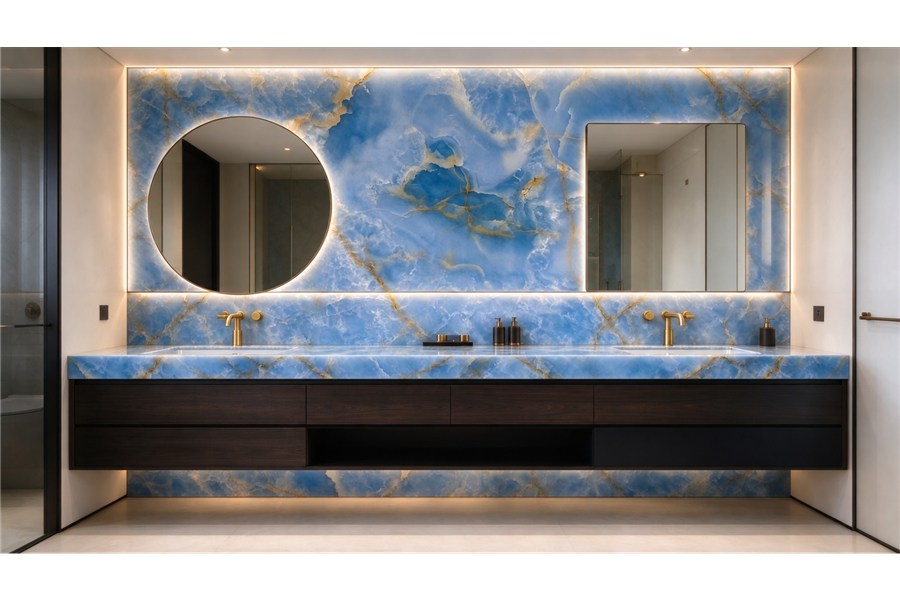 Blue Onyx double vanity and illuminated bathroom wall with blue and gold veining